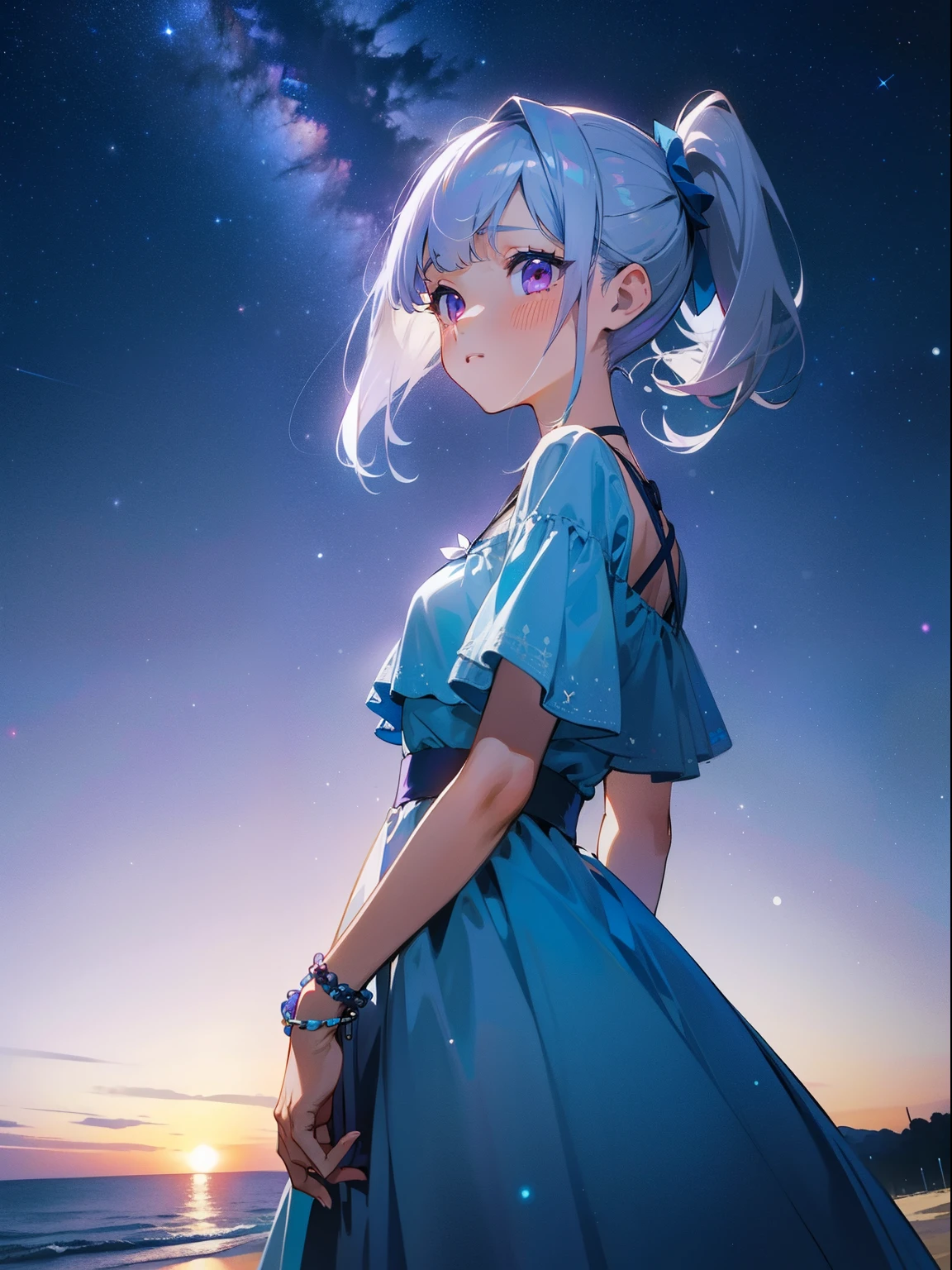 masterpiece，Highest quality，One girl，Beachside，Starry Sky,Purple eyes, I want to cry, Light blue dress,Silver Hair, Side Ponytail, Diagonal bangs, 