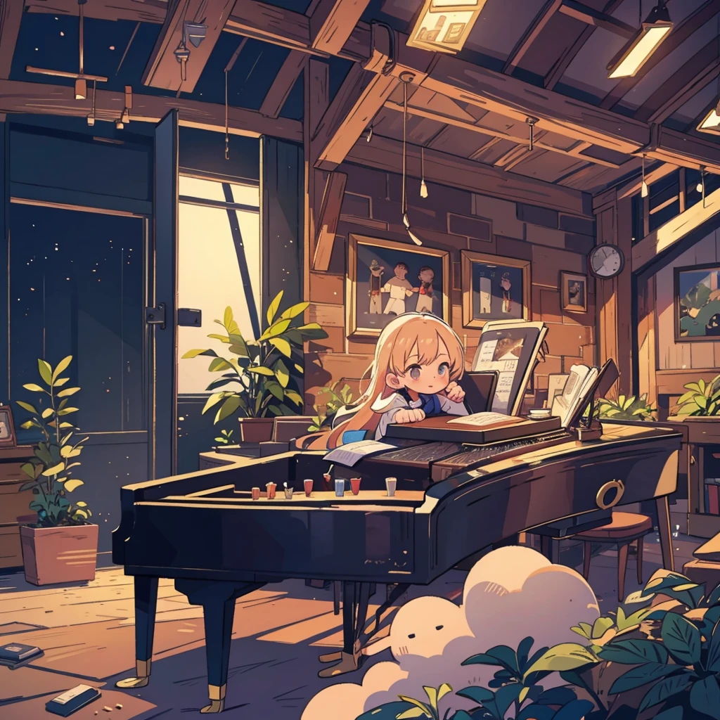 Girl sitting at the piano,Hit the piano from top to bottom with your fist