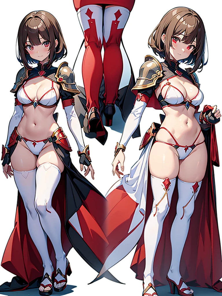 nsfw,8k,Masterpiece,Character design sheet,同じキャラクターのMultiple Views,(White background:1.4),(Background color: White),(Red Bikini),((A woman wearing separate armor)),female knight,Mature Woman,28 years old,Bikini Armor, The world of fantasy games set in another world,Sexy anime characters,Slender figure,Cleavage,belly button,Short Bob,Light brown hair,Shy smile,Flushed Cheeks, Knight Girl, Very detailed fan art, Detailed digital anime art, Anime Goddess, Anime illustration, Girl in Armor,Beautiful expression right down to your fingertips,Looking at the audience,Contrapposto,Professional model posing,Multiple Views