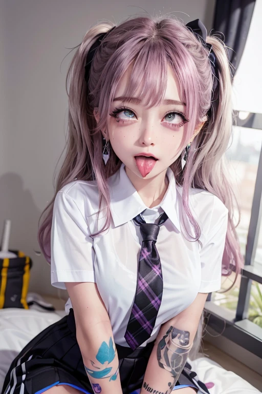 high quality, detailed,very wet,she is 13 years old and junior High school girl wearing very very wet and very transparent short sleeve white shirt and a purple tie,purple plaid skirt,(hair up,hair up)(wearing black overknee socks),a mole under the eye,(tounge out,tounge out tounge out),(blushing:1.4),the whole body,the whole body,she has a lot of earrings,tattoo,tattoo,detailed background,in the health room,ecstasy,orgasm,tattoo,she has fancy nails,seducing,temptation,nipples,