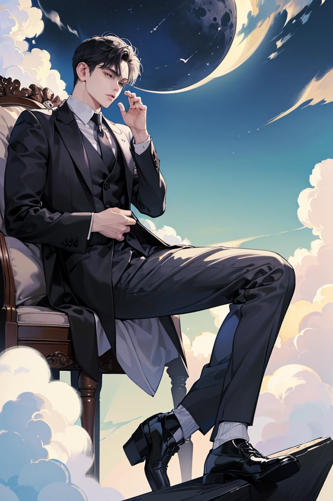 (best quality、8k,absurd,Top Rated,portrait,Short hair, 매우 Short hair,piercing、Beautiful Men、dark fantasy、Birthday background based on black、He is sitting in a suit with a white shirt and black jacket、moon, cloud, The character&#39;s face is close up