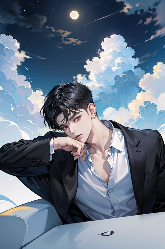 (best quality、8k,absurd,Top Rated,portrait,Short hair, 매우 Short hair,piercing、Beautiful Men、dark fantasy、Birthday background based on black、He is sitting in a suit with a white shirt and black jacket、moon, cloud, The character&#39;s face is close up