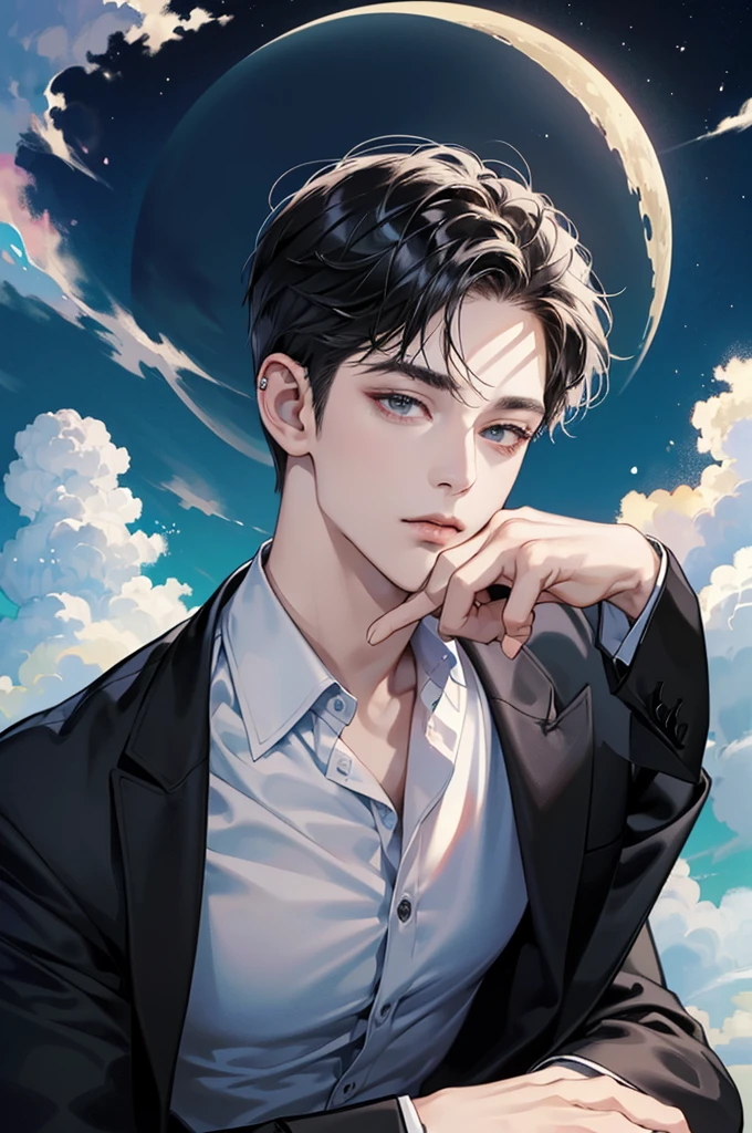 (best quality、8k,absurd,Top Rated,portrait,Short hair, 매우 Short hair,piercing、Beautiful Men、dark fantasy、Birthday background based on black、He is sitting in a suit with a white shirt and black jacket、moon, cloud, The character&#39;s face is close up