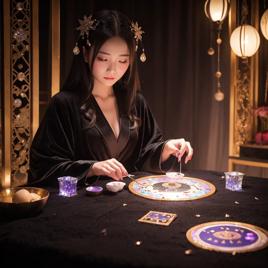 A beautiful woman wearing a black robe over her head、Fortune telling with round, clear crystals