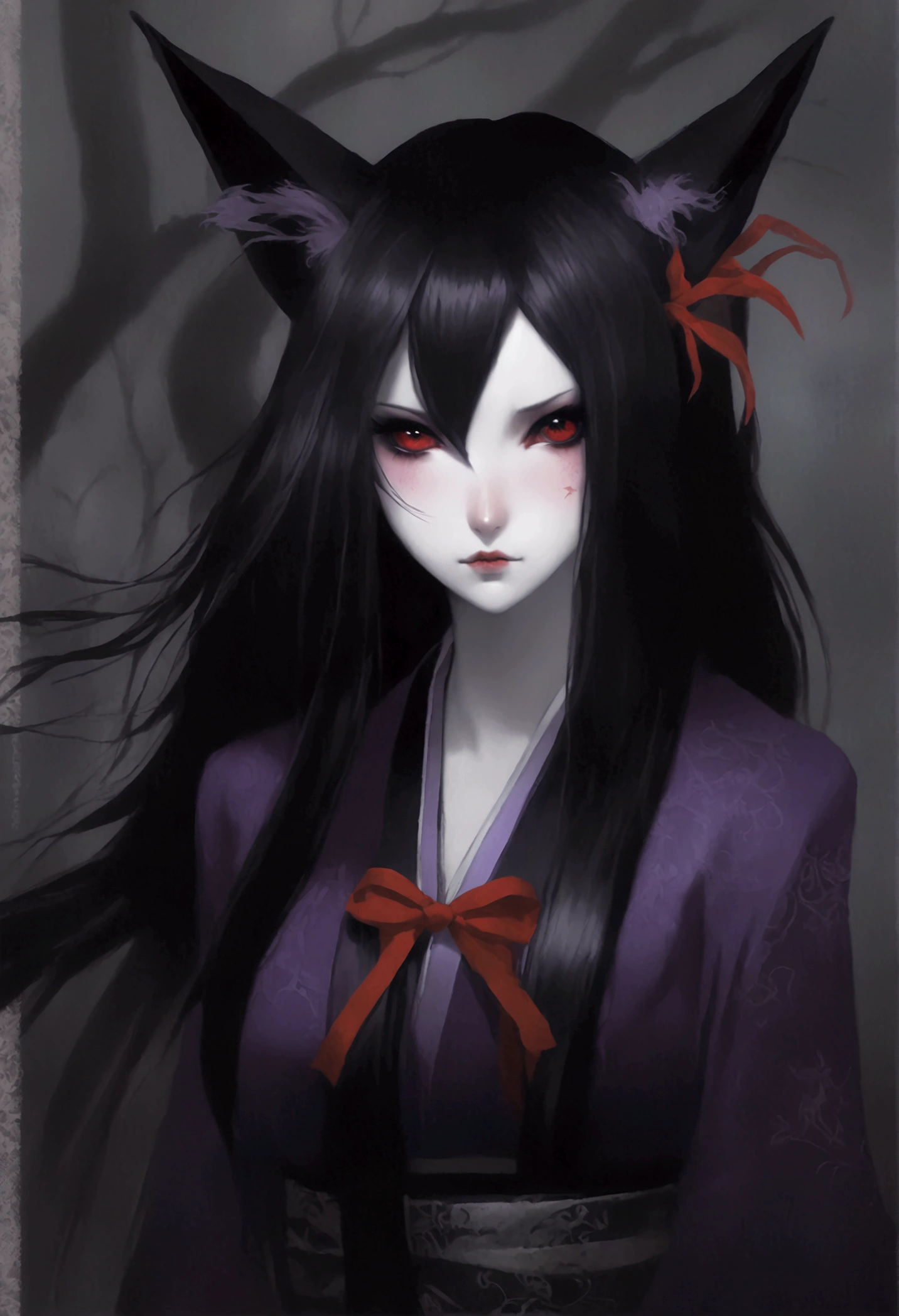 Girl, cold indifferent gaze, red ribbon in her hair, long black hair, purple devilish eyes, Japanese Gothic outfit, kitsune, fox ears and tail, spider lily, gloomy atmosphere