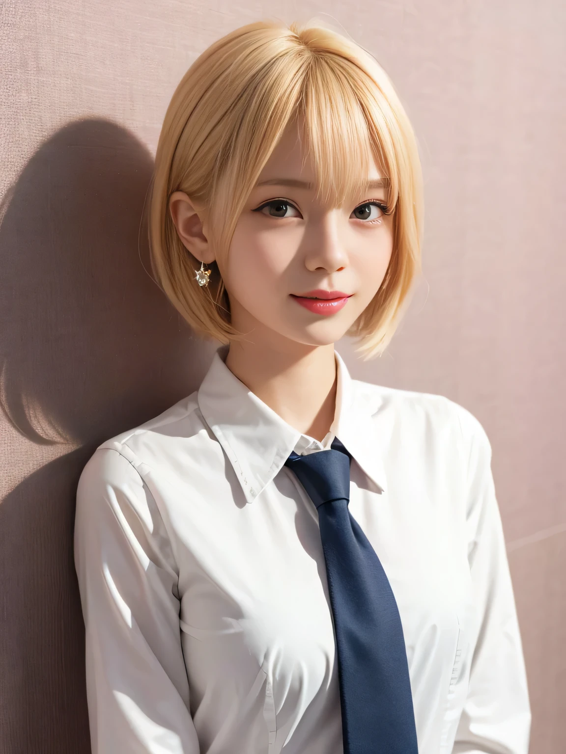 Highest quality、Figures、one person、Earrings、Cute Girls、sexly、Slender、Green tie、White shirt、sexly、Navy blue exy))、Very detailed、Fine details、Slim Body、Slender、Japanese Girls、High resolution、8k、wallpaper、Perfect dynamic composition、Beautiful fine details、Short Bob Cut、((Blonde Hair))、Big natural color lip、大胆なsexlyポーズ、smile、Cold Stare、、Cute、Lolita、Good eyes、whole body、Pink wall、smile、