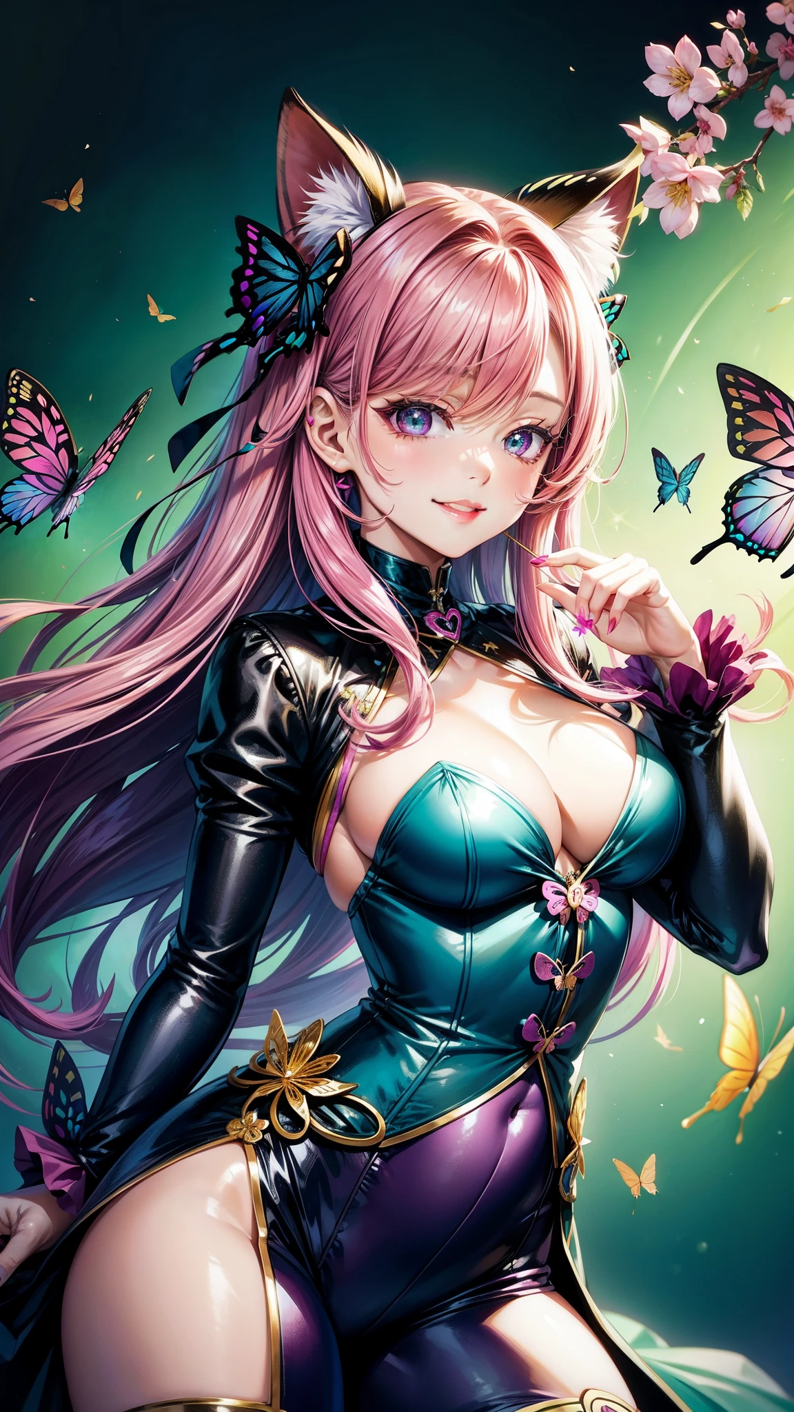 Magenta hair, hazel eyes, older woman, hair bows, cat ears, long hair, smiling face, sexy outfit, butterflies, teal and gold outfit, butterfly background