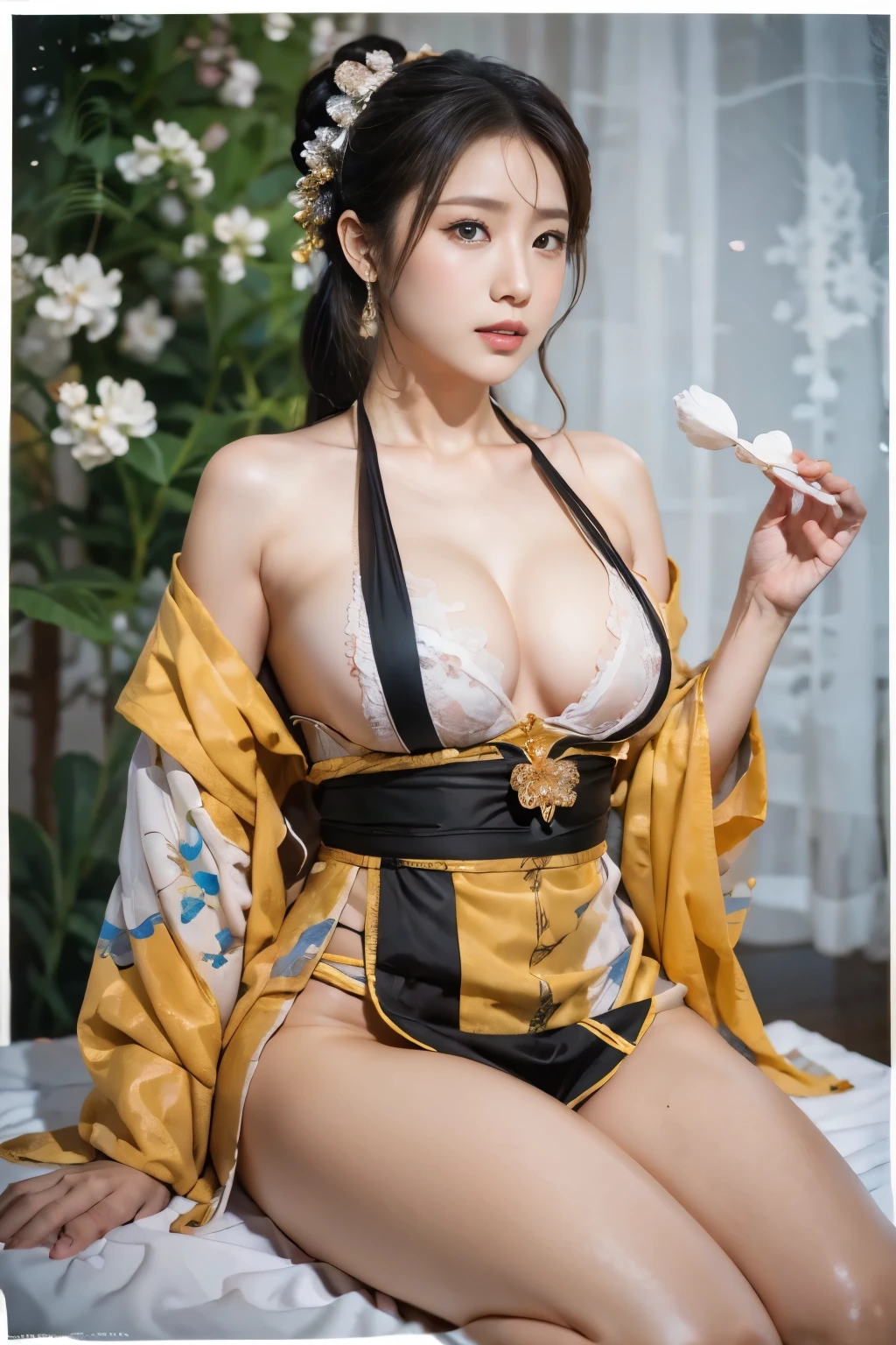 Watch the audience、background((Japan Ancient Capital:1.2)And the moon、((浓密的background))、(rich and colorful:0.8),,(Solitary:1.2), (Ink splash),(Colorful),((Watercolor))),rest {{{Luxurious Kimono(rich and colorful kimono(Delicate gold embroidery,))}}}、Face perfect,Depicting beautiful and elegant women in Japan。(Ponytail:1.5)、A woman with shiny black hair、Perfect hands、There is a heart in the eyes,Large Breasts,Cleavage,whole body。 wallpaper 8k, .用镰刀模糊background,((On the table)), ((best quality)),epic(Lige Fries Photography、Sony a7、50 mm、Pores:1.5、color、Ultra Detailed:1.5、Film particles:1.4、Surrealism:1.5)、Octan Rendering、 Ultra-realistic textures、masterpiece、Unreal Engine 5、Extremely detailed CG Unity 8K wallpaper Very detailed photo、Ultra-realistic lighting、(Pulitzer Award for Best Cinematography、Taylor Wesing Award for Best Cinematography)