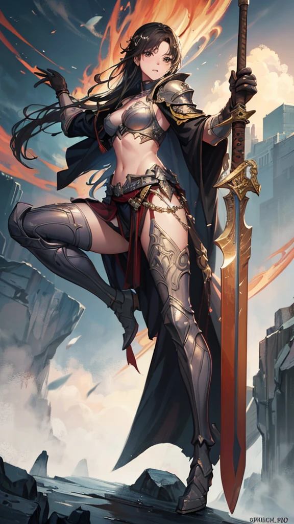 (masterpiece, 4K ,Super detailed:1.2), (anime:1), (Perfect quality), (Cold-hearted), (((Adult body))), ((大きなSwinging a sword, Combat Ready)), The whole body is shown, View Viewer, armor, commander, Big body, Swinging a sword