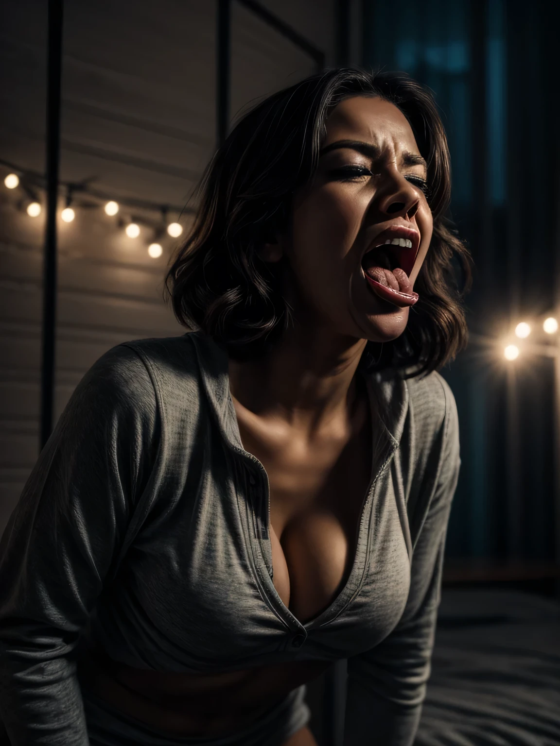 beautiful woman moaning with her mouth open, tongue out, light clothes, 30s, round face, cinematic appearance, detailed.