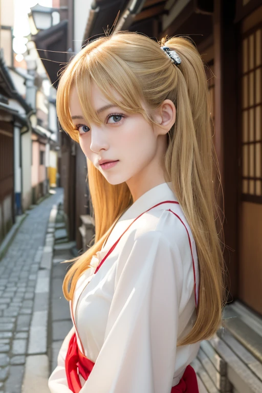 ((Beautiful blonde hair))、((Beautiful Blonde Hair))、One Girl、((Highest quality、8k、masterpiece))、Sharp focus:1.2、(Small fox ears)、Cute 17 year old girl with perfect figure:1.4、Slim Abs:1.2、((Dark brown hair))、street:1.2、Highly detailed face and skin texture、fine grain、((The chest is exposed))、double eyelid、(Shoulder Off)、Close-up of a woman in a kimono posing for a photo、Japanの女神、Japan人モデル、white、((Small breasts))、((Shrine maiden costume))、Japan、Drawing attractive anime girls、