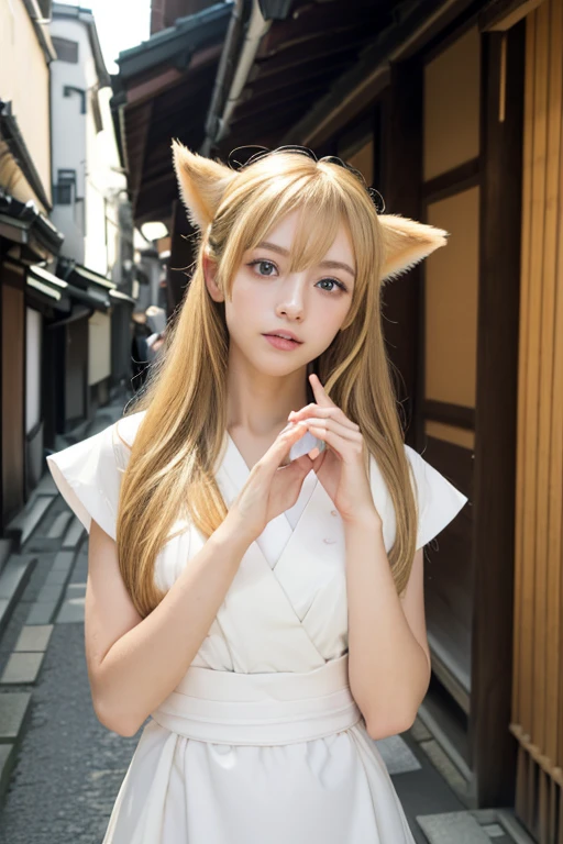 ((Beautiful blonde hair))、((Beautiful blonde))、Small fox ears、one girl, (a beauty girl, delicate girl:1.3), (, change:1.3), break,((Shrine maiden costume)),(Brown fox ears) break, Definition of Very Fine Particles, (Symmetrical eyes:1.3), break, (alley, Kyoto:1.3), perfectly trimmed fingers, break, ((Beautiful medium milk)), Brown eyes, Parted bangs, Brown Hair, girl, break, (Eye and facial details:1.0), break, (masterpiece, Highest quality, Very detailed, Detailed face, 8k)