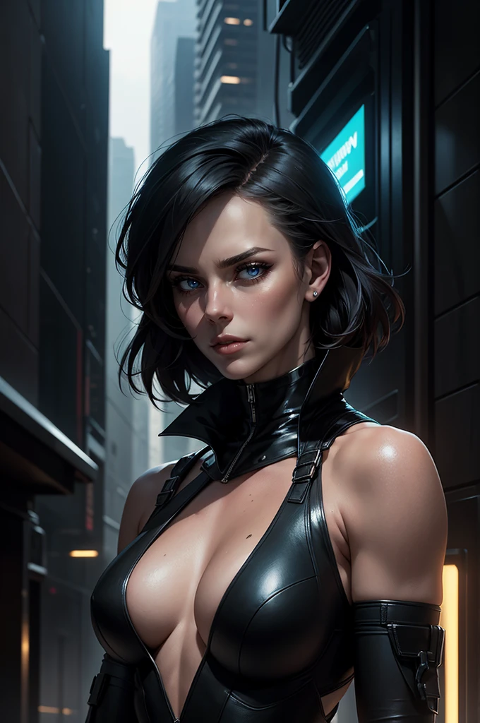 charlize thereon will be depicted in the futuristic world of "Aeon Flux". The artwork will be created using the medium of digital illustration. The image quality should be at its best, with a resolution of 4k or 8k. It should be ultra-detailed and have a realistic, photorealistic appearance. The colors should be vivid and the lighting should be carefully designed to enhance the overall atmosphere of the scene. In the artwork, Charlize Theron's character will be portrayed with beautiful, detailed eyes and lips. Her face will be extremely detailed, capturing her unique features and expressions. She will be shown in a dynamic pose, reflecting her strong and confident personality. The background will be a futuristic cityscape, showcasing the sci-fi elements of the "Aeon Flux" universe. The city will be presented in a dark and moody color palette, with neon lights illuminating the streets. The composition will have a strong sense of depth, with layers of buildings and structures creating a visually striking image. black hair The artwork will have a professional and polished look, with sharp focus and ultra-fine painting details. The use of HDR and studio lighting will further enhance the realism of the scene. The overall style of the artwork will be influenced by concept artists, combining elements of science fiction and dystopia. The final result should be a masterpiece that captures the essence of "Aeon Flux" and Charlize Theron's portrayal of the iconic character.
