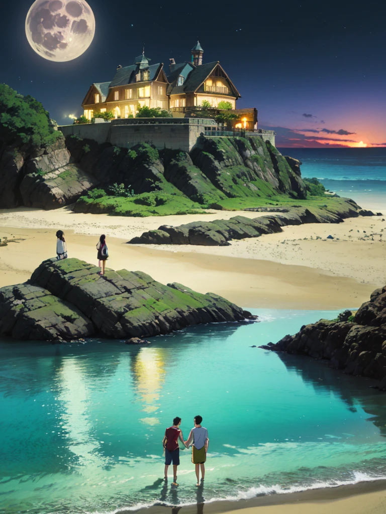 high resolution、Romantic and fantastical scene、Night beach and full moon、quiet、Turn around、Two male and female characters、Holding hands