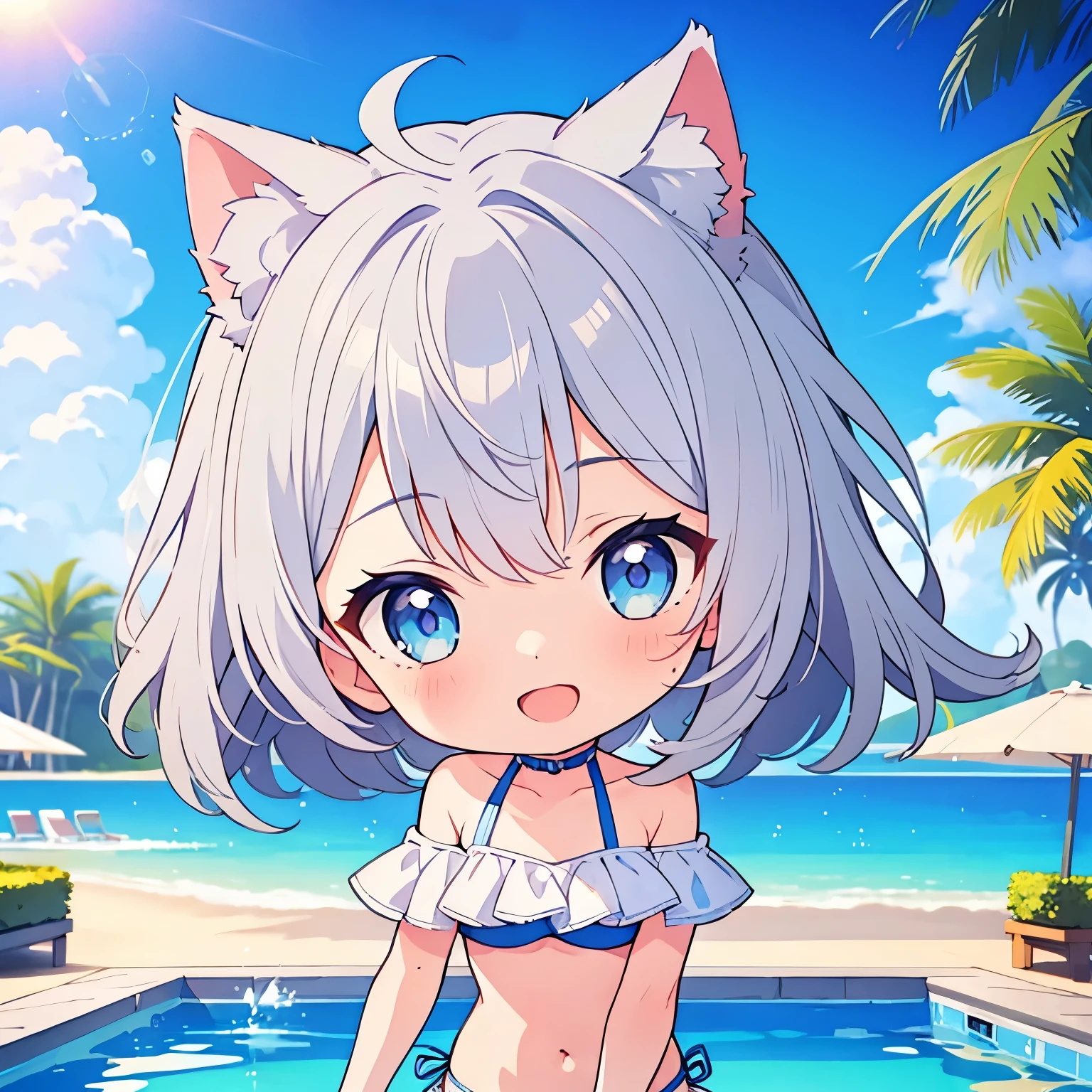 ((Pool)), Resort hotels, ((One girl)), cute, (Chibi Character), Are standing, (happy:1.3), (Open your mouth:1.3), (Cat ear), ((Gray Hair)), Medium Hair, Blue Eyes, (Off-the-shoulder bikini), (White Bikini), sun, Daytime, Outdoor, Cowboy Shot, ((Highest quality)), ((masterpiece)), (detailed), Perfect Face, Perfect Arms, Perfect hands, Perfect Fingers, anime, Ultra-fine illustration,