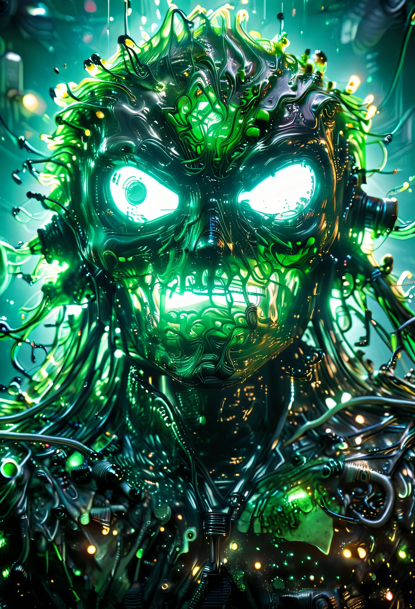 slime robot de color verde, mucocidad verde:1.5, transparent body with visible internal wiring, highly detailed, hyper realistic, 8k, photorealistic, cinematic lighting, glowing blue circuitry, futuristic, intricate mechanical design, metallic textures, sleek and modern, complex machinery, advanced technology, cyberpunk aesthetic, moody atmosphere, dramatic shadows, vibrant colors, neon accents