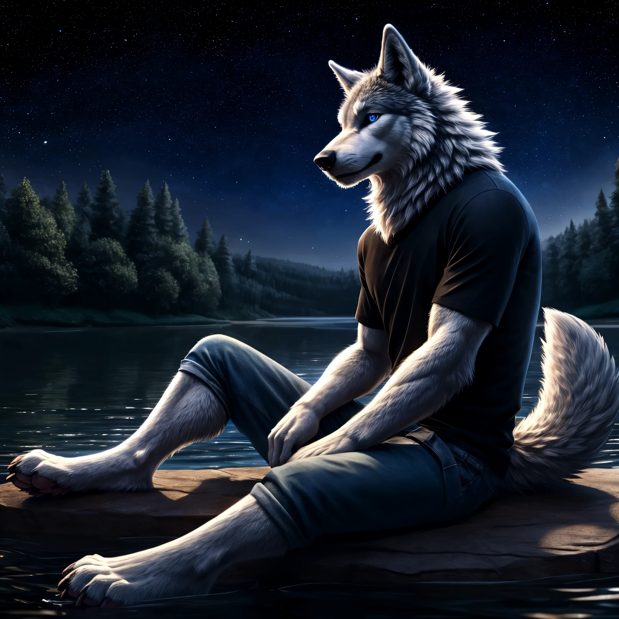 solo,(wolf),mature,male,((white fur)),blue_eyes,tail,handsome,toe claws,digitigrade,sitting_on_water,lowleg,pink pawpads,pants,t-shirt,clothing details,Cinematic Lighting,cirrocumulus_stratiformis,perfect lighting,(best quality),(masterpiece),(ultra detailed),sharp focus,(detailed eyes),depth of field,starry_sky,