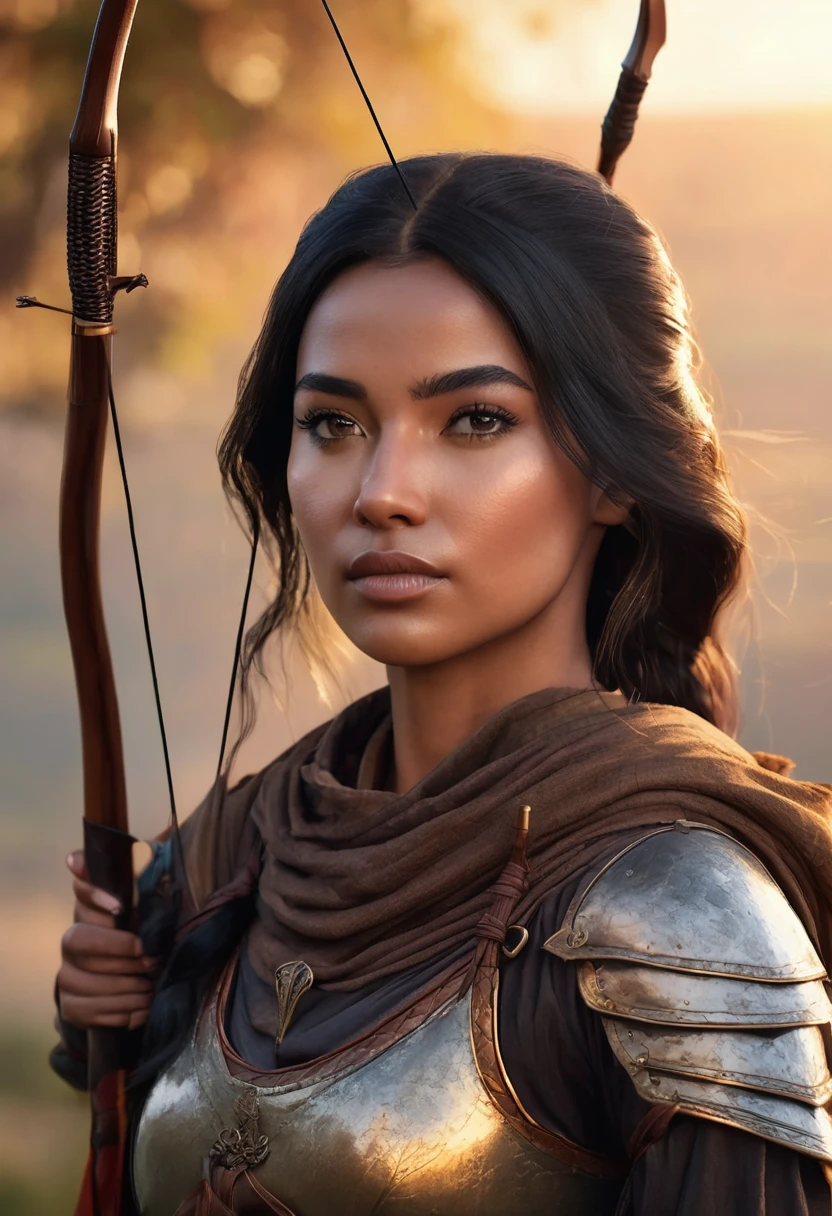 1 woman, with a sunrise sky landscape in the background, wearing a simple medieval archer's outfit, detailed facial features, dark female monolid eyes, detailed brown skin, very straight long lob black hair, dramatic lighting, cinematic composition, warm palette, sunlight, warm colored features, soft atmospheric haze, thin chin, soft face, beautiful woman (best quality, 4K, 8K, high resolution, art: 1.2), ultra detailed (realistic, photorealistic, photorealistic: 1.37)