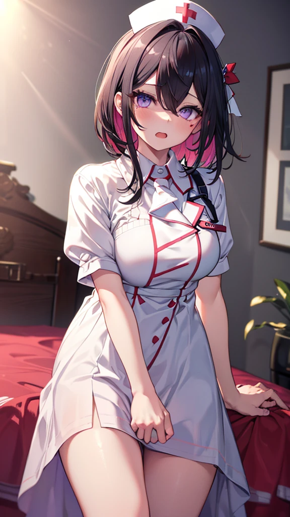 (best quality:1.2), (ultra detailed:1.2),(masterpiece:1.2),(8k:1.2),(Blessed,Captivating body、Ultra detailed hands、Ultra-detailed eyes、Ultra-detailed skin、ultra-detailed face,Detailed Background),One Girl、(bedroom,nurse, nurse cap, breast pocket, collared dress, short dress, short sleeves, thighs, white dress, white headwear), azki_(ho****ve), 1girl, 独奏, multicolored hair, pink hair, purple eyes, black hair, dress, hair between eyes,(ecstasy, aroused:1.5)