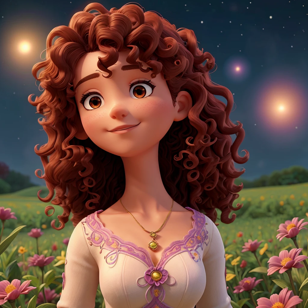 a woman with burgundy curly hair is in a field of magical flowers,each flower is colorful,exudes a soft glow,create a mysterious environment, twinkling stars in the night sky reflected in the woman,curly hair,add a touch of magic to her hair,she seems to be connected to the natural and cosmic energy around her,exhale power and call. 