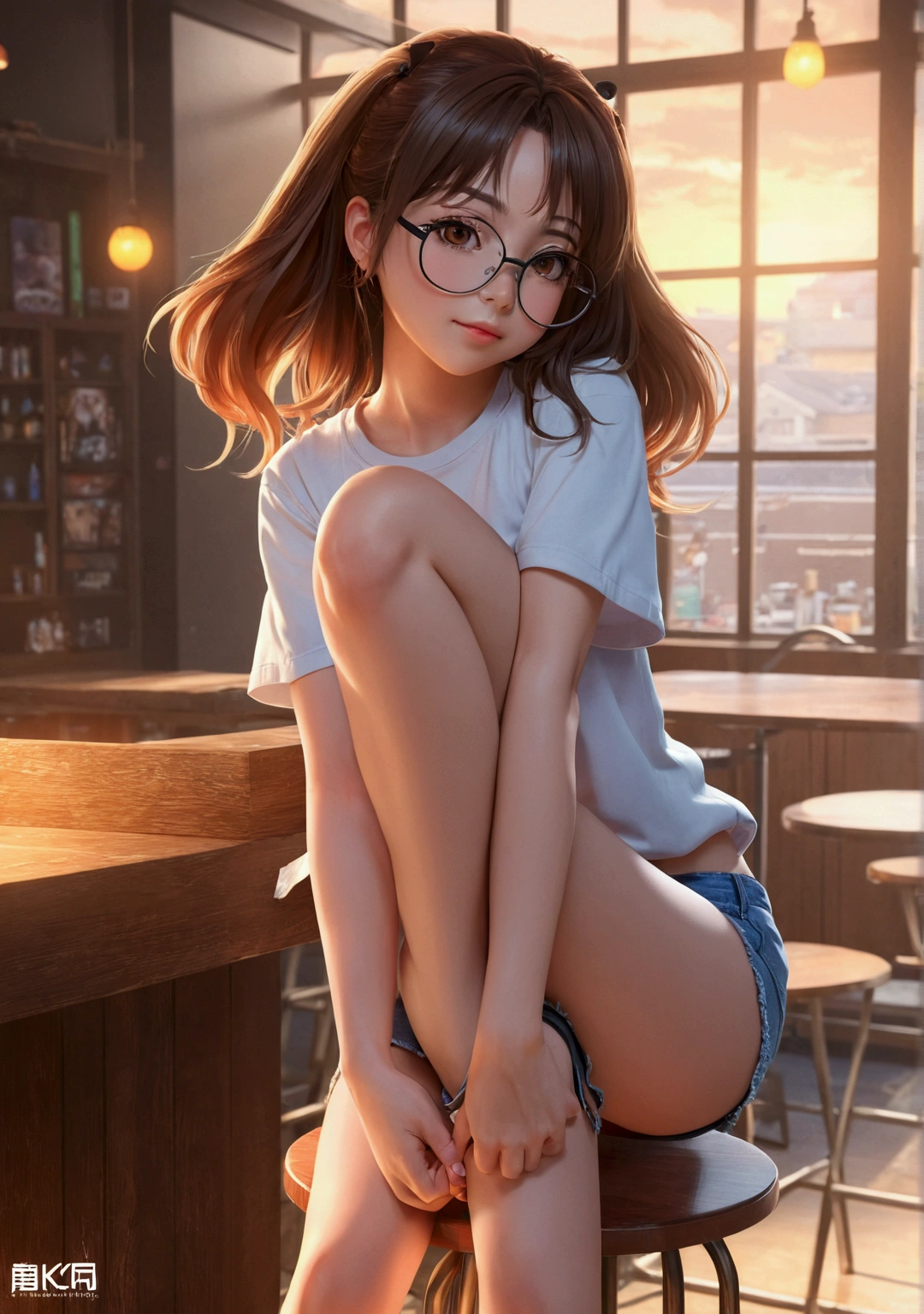Anime style image，A woman sitting on a bar stool, , I will also draw the fan, Anime cute art style, Anime girl squatting, Beautiful anime girl squatting, [ 4k digital art ]!!, Smooth anime CG art,short, Casual posture, Actress 👀 :8, wear glasses