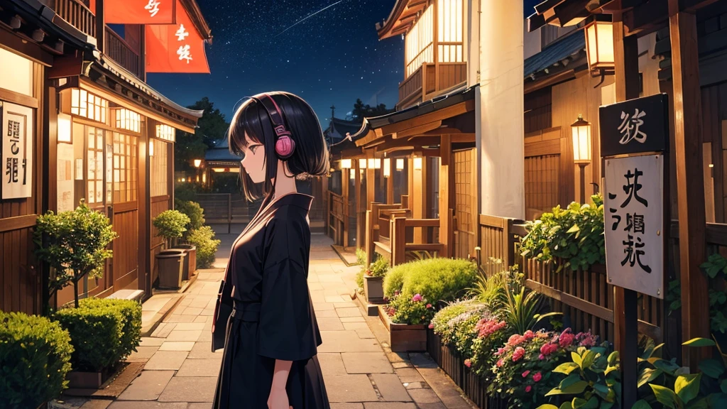 A place where you can see Osaka Tenmangu Shrine。A young girl with black hair wearing stylish clothes and headphones labeled "lo-fi" The girl is shown in profile, gazing into the distance with a calm, relaxed expression Background depicts the iconic scenery of Namba, Osaka at night, without any text on signs A starry night sky adding to the peaceful atmosphere Overall mood is quiet and serene, perfect for lo-fi music Detailed hair rendering and careful attention to the girl's fashionable outfit The entire scene should evoke a relaxing, introspective feeling associated with lo-fi music