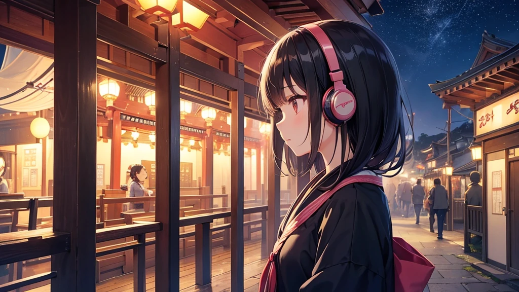 A place where you can see Osaka Tenmangu Shrine。A young girl with black hair wearing stylish clothes and headphones labeled "lo-fi" The girl is shown in profile, gazing into the distance with a calm, relaxed expression Background depicts the iconic scenery of Namba, Osaka at night, without any text on signs A starry night sky adding to the peaceful atmosphere Overall mood is quiet and serene, perfect for lo-fi music Detailed hair rendering and careful attention to the girl's fashionable outfit The entire scene should evoke a relaxing, introspective feeling associated with lo-fi music