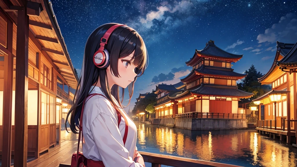 A place where you can see Osaka Tenmangu Shrine。A young girl with black hair wearing stylish clothes and headphones labeled "lo-fi" The girl is shown in profile, gazing into the distance with a calm, relaxed expression Background depicts the iconic scenery of Namba, Osaka at night, without any text on signs A starry night sky adding to the peaceful atmosphere Overall mood is quiet and serene, perfect for lo-fi music Detailed hair rendering and careful attention to the girl's fashionable outfit The entire scene should evoke a relaxing, introspective feeling associated with lo-fi music