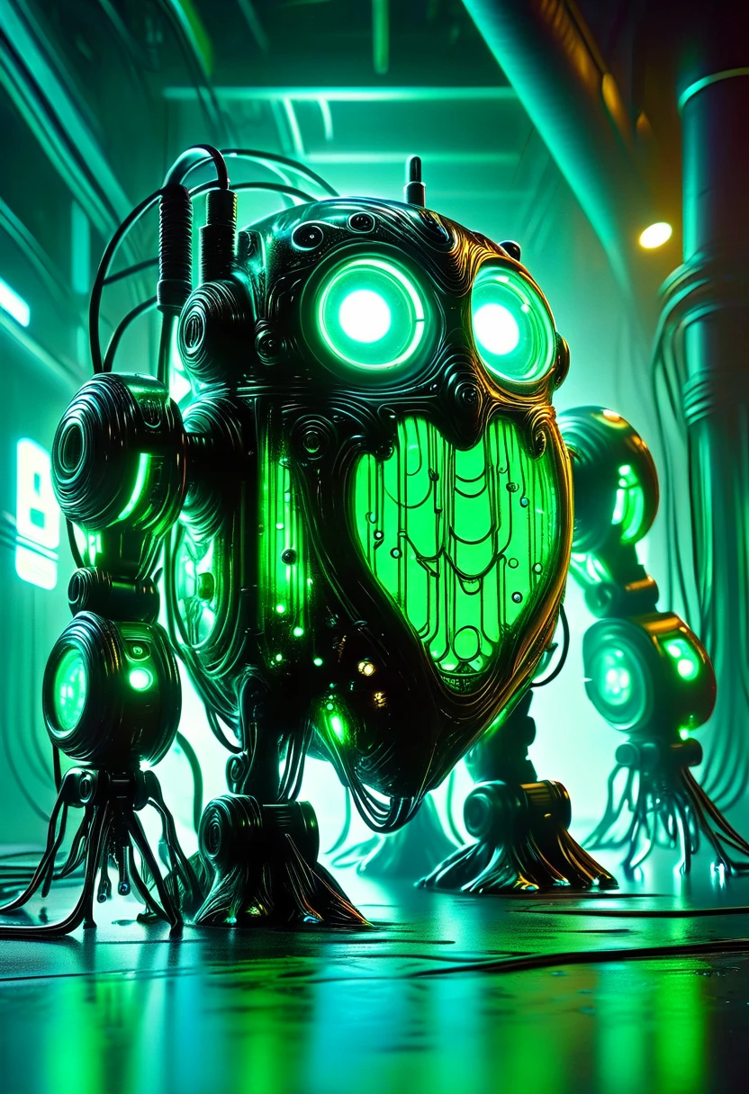 slime robot de color verde, mucocidad verde:1.5, transparent body with visible internal wiring, highly detailed, hyper realistic, 8k, photorealistic, cinematic lighting, glowing blue circuitry, futuristic, intricate mechanical design, metallic textures, sleek and modern, complex machinery, advanced technology, cyberpunk aesthetic, moody atmosphere, dramatic shadows, vibrant colors, neon accents