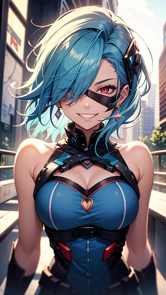 High resolution, One girl, chest, Blue Hair/Light blue hair, Cowboy Shot, Big chest, Red eyes, Big chest, Earrings, smile, smiling, 8k octane, High resolution, masterpiece, High detail, High-resolution model, high quality, Textured skin, Action Painting, Crystal Earrings, Smiling with teeth showing, One-eye eye mask, 