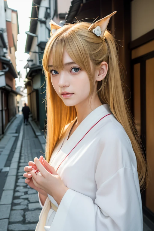 ((Beautiful blonde hair))、((Beautiful blonde))、Small fox ears、one girl, (a beauty girl, delicate girl:1.3), (, change:1.3), break,((Shrine maiden costume)),(Brown fox ears) break, Definition of Very Fine Particles, (Symmetrical eyes:1.3), break, (alley, Kyoto:1.3), perfectly trimmed fingers, break, ((Beautiful medium milk)), Brown eyes, Parted bangs, Brown Hair, girl, break, (Eye and facial details:1.0), break, (masterpiece, Highest quality, Very detailed, Detailed face, 8k)