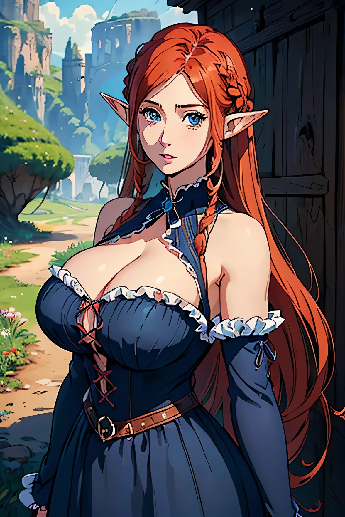 Cute Farmgirl with Braids. ((red haired woman, long hair, pointy ears, elf ear)), Perfectly round face. Beautiful cute face, Big beautiful voluptuous lips, charming beauty, ((gentle expression on your face)), ((Beautiful detailed big blue eyes)), Waist slender, Broad Hips ((Dark blue dress with ruffles, modest dress, very high neckline)) (highy detailed)),offcial art, Award-winning digital painting, digital illustration, extreme detail, 4K, ultra HD, Rococo, polished, intrikate, realistic fantasy art, sharp focus, conceptual artwork, arte por wlop, artgerm, (2D vector illustration) Lumiere, airy, hourglass figure. ellie bamber