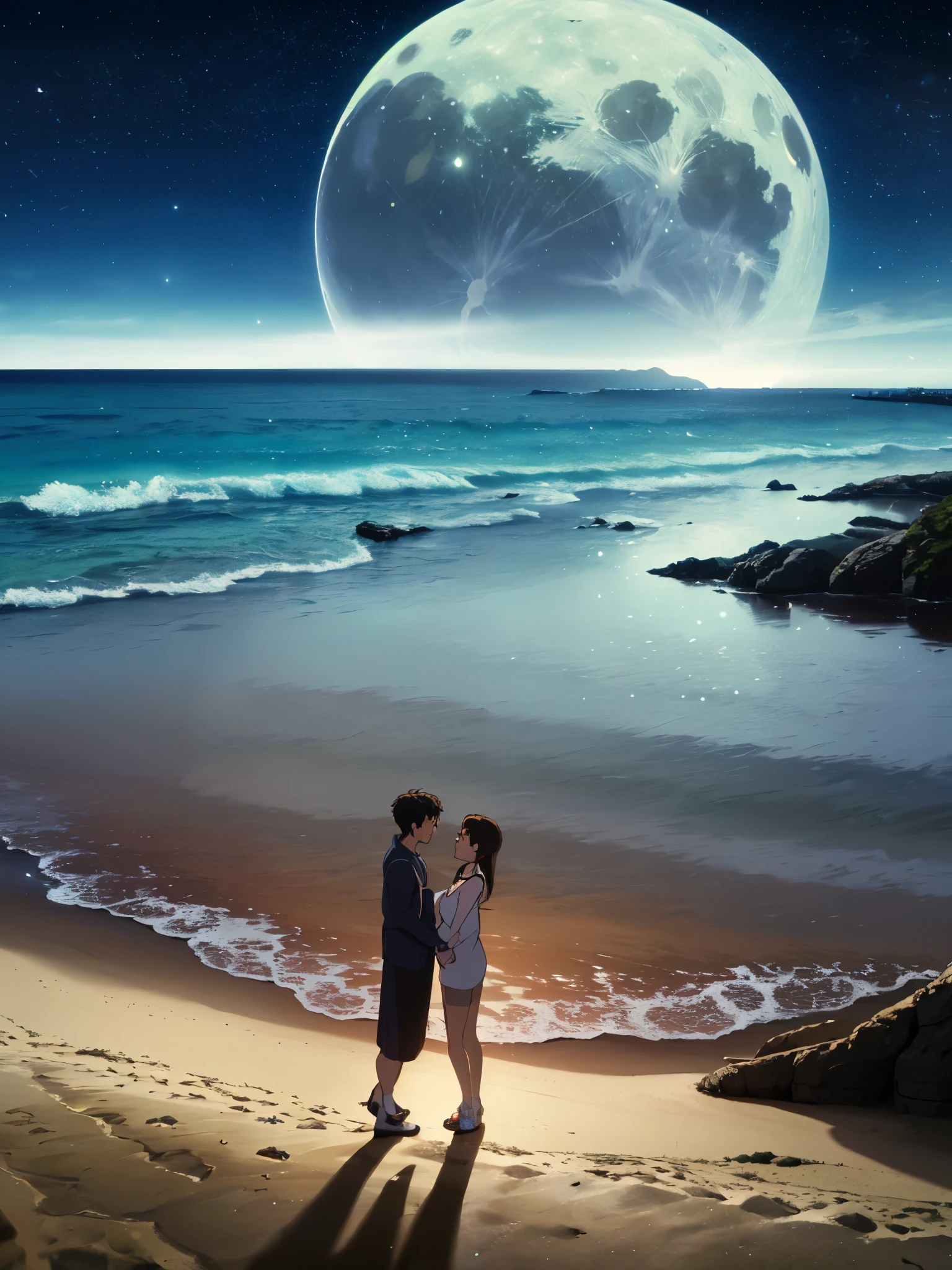 high resolution、Romantic and fantastical scene、Night beach and full moon、quiet、Turn around、Two male and female  characters、Holding hands