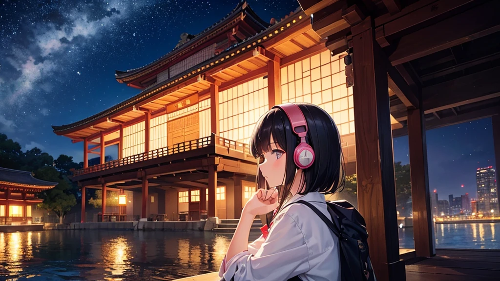 A place where you can see Osaka Tenmangu Shrine。A young girl with black hair wearing stylish clothes and headphones labeled "lo-fi" The girl is shown in profile, gazing into the distance with a calm, relaxed expression Background depicts the iconic scenery of Namba, Osaka at night, without any text on signs A starry night sky adding to the peaceful atmosphere Overall mood is quiet and serene, perfect for lo-fi music Detailed hair rendering and careful attention to the girl's fashionable outfit The entire scene should evoke a relaxing, introspective feeling associated with lo-fi music
