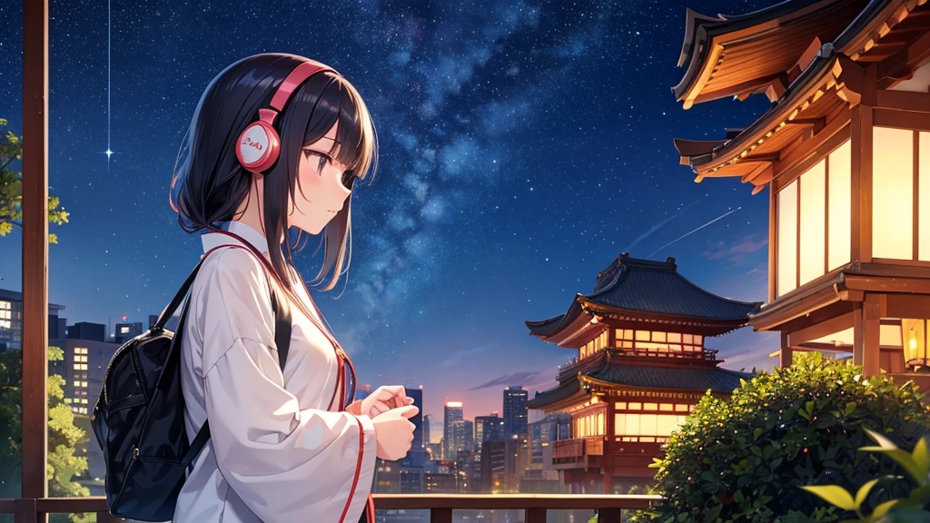 A place where you can see Osaka Tenmangu Shrine。A young girl with black hair wearing stylish clothes and headphones labeled "lo-fi" The girl is shown in profile, gazing into the distance with a calm, relaxed expression Background depicts the iconic scenery of Namba, Osaka at night, without any text on signs A starry night sky adding to the peaceful atmosphere Overall mood is quiet and serene, perfect for lo-fi music Detailed hair rendering and careful attention to the girl's fashionable outfit The entire scene should evoke a relaxing, introspective feeling associated with lo-fi music