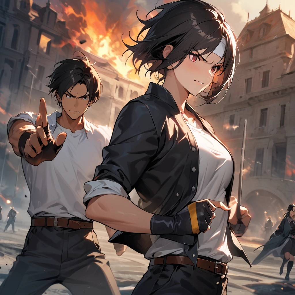 Masterpiece, 2 People, Two Shots, Best Quality, 8K, Full Hand Portrait, Action Pose, Fight Scene: 1. 5,(kyo kusanagi), Man has dark skin, red eyes, alone, ((white headband))two shots, black jacket (rolled up arms), fingerless gloves, black hair, white T-shirt, black pants, white shoes, brown belt, ((kyo kusanagi fighting woman with same clothes and hairstyle))boyish, handsome, shot, charming, masterpiece, high resolution, fine face, fine grain, morning, confident full smile, man and woman fighting with chateau winery in background, same hairstyle and clothes, angry Man and woman, angry face, with the same hairstyle and clothes: 1. attack speed 5, fast attack, angry face, angry face