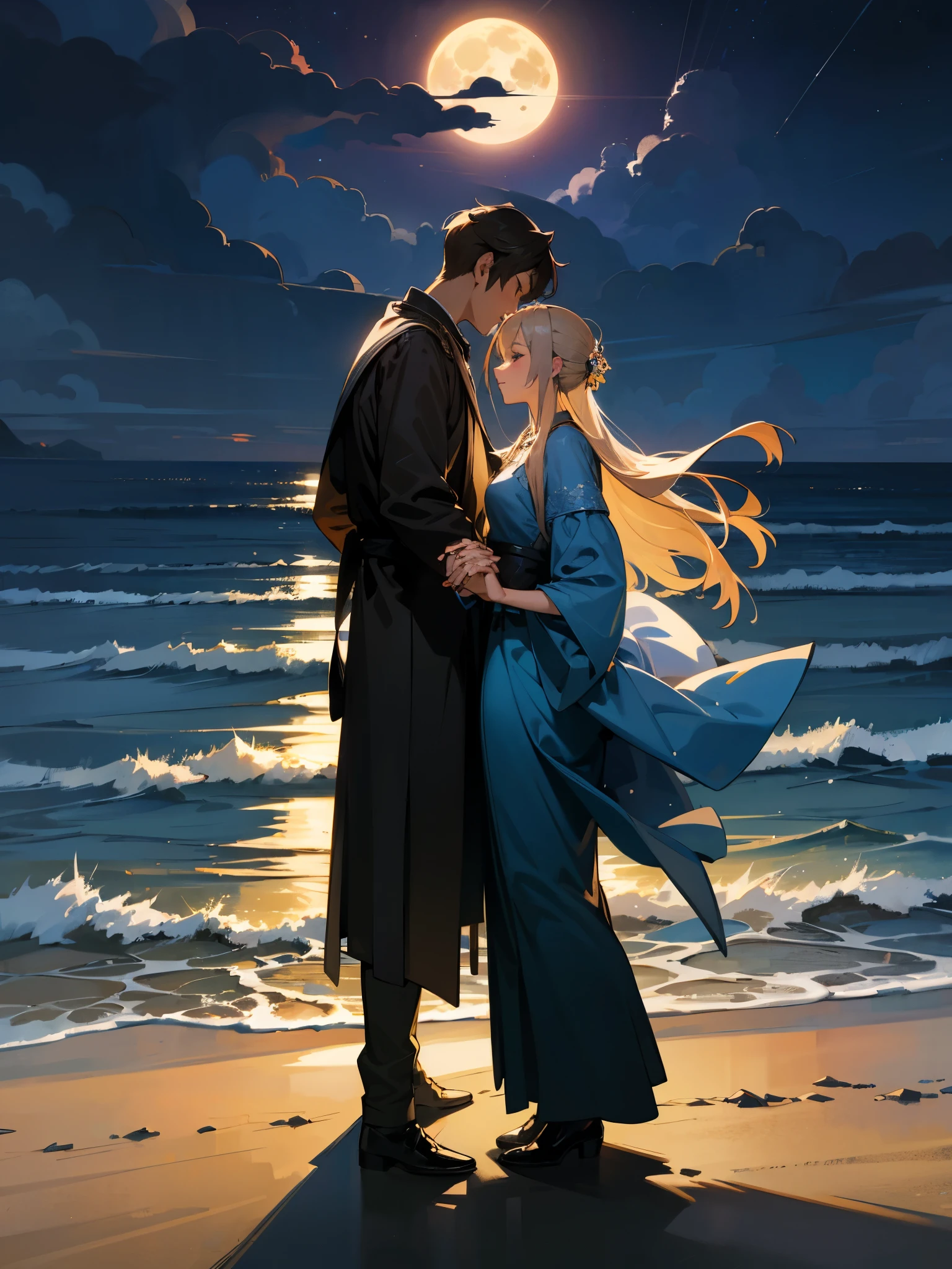 high resolution、High quality、Romantic and fantastical scene、Night beach and full moon、Male and female characters holding hands