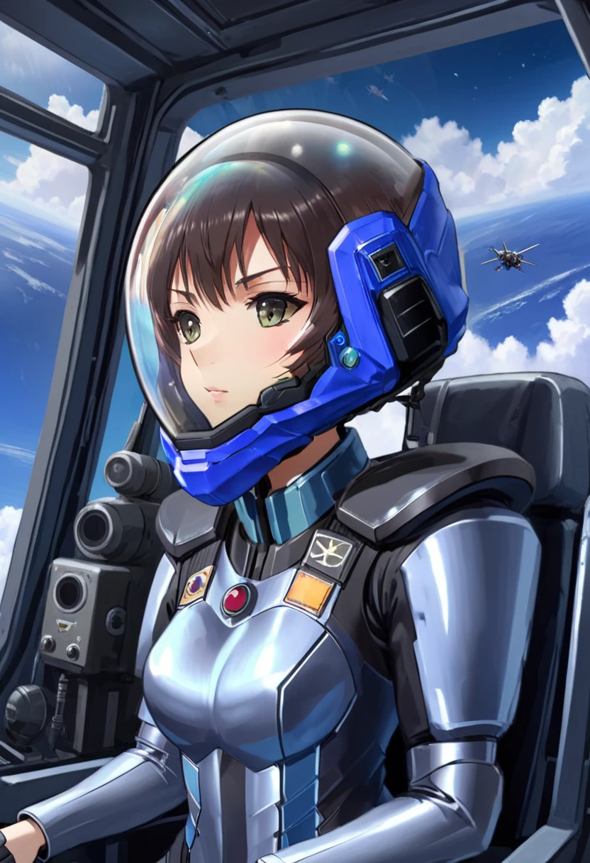 ((Female pilot in the cockpit of a reconnaissance plane), (airplane cockpit), (in flight), (10000 feet altitude)、(sky view):1.7),, short hair, street, emo, BLACK hair, white eyes, eyeliner, apocalypse, girl, nside the (cockpit:1.9) of a (futuristic spaceship:1.6), , blush,sitting on a chair, covered navel, space helmet, muvluv, space helm, plug suit , space helmet, eva helm, space suit, short hair, MASK