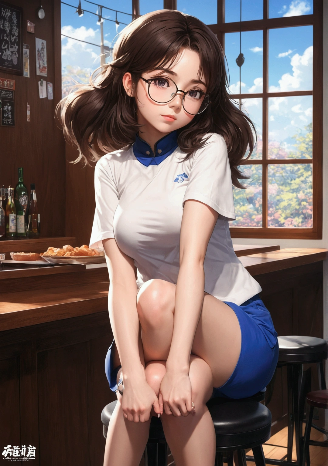 Anime style image，A woman sitting on a bar stool, , I will also draw the fan, Anime cute art style, Anime girl squatting, Beautiful anime girl squatting, [ 4k digital art ]!!, Smooth anime CG art, From Girls und Panzer, Casual posture, Actress 👀 :8, wear glasses，Kai from Girls und Panzer
