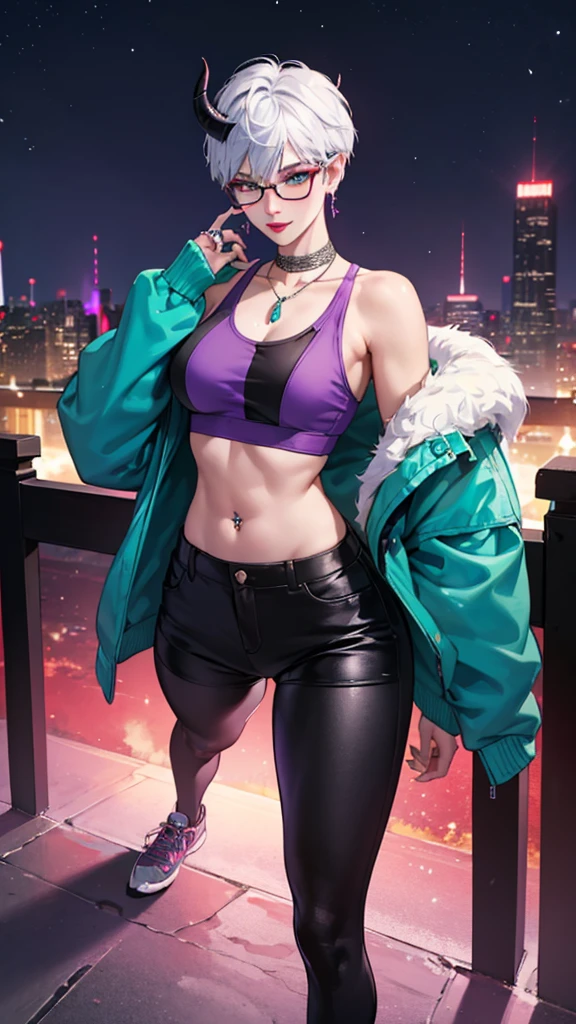 8k, masterpiece, best quality, highly detailed, 1 girl, tiefling, warlock, pixie cut, multicolored hair, very short straight hair green highlight hair on white hair, strippled hair, wearing glasses, round glasses, sexy, earrings, navel piercing, red eyeshadow, long eyelashes, blushed cheek, red lips, necklace, rings, collarbone, mole on face, glamorous, wearing large jacket, teal clothing, purple clothes, smirk, close up view, rings, looking at viewer, demon horns, solo, city, nighttime, standing, white shirt, sneakers, back toward viewer, looking over shoulder, short pants, black legging.