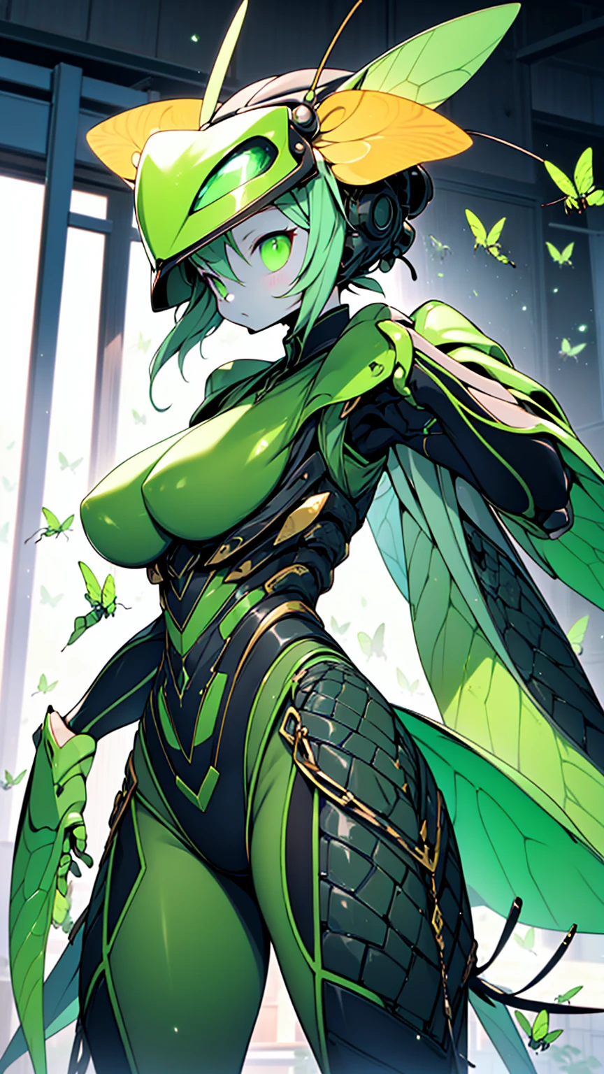 Bug Girl，Mantis Girl，Anthropomorphic insects，anthropomorphic praying mantis，Dark green and dark green，Compound eyes on head，额头上戴着Goggles，Goggles，护眼Goggles，昆虫复眼Goggles，Insect Helmet，Insect decoration，triangle head，镰刀arm，arm，arm上长着镰刀，arm，sickle hand，Machete Hand，Sickle，镰刀arm，Insect abdomen，Insect abdomen，Big breasts，Huge breasts，Bodysuit style，Huge buttocks，Wide crotch，Hips wider than shoulders，Fighting Stance，Fighting Stance，Close-up above the waist