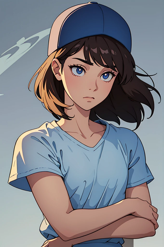 A young boy with dark hair and expressive eyes, wearing a gray baseball cap, looks off into the distance. He has a calm, contemplative expression on his face. The background is softly lit with a pastel color palette, and shadows cast a gentle play of light on his face, emphasizing the serene and introspective mood of the scene. The artistic style is reminiscent of hand-drawn anime with a focus on clean lines and soft shading.