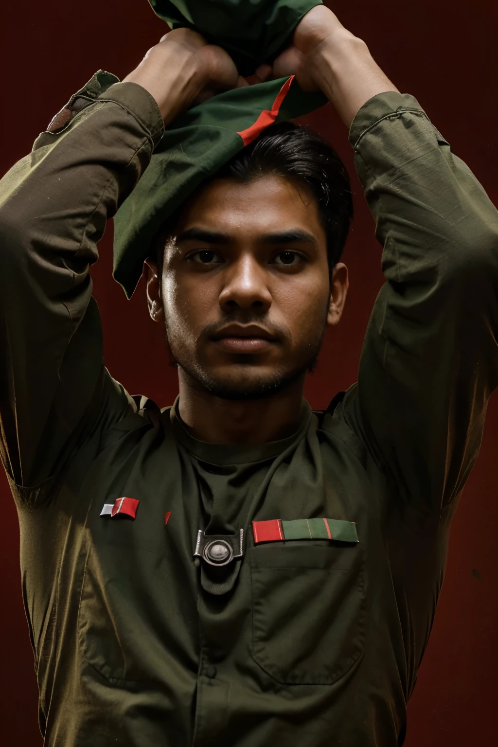 Red background war time grim ambience with young man upholding Bangladeshi flag