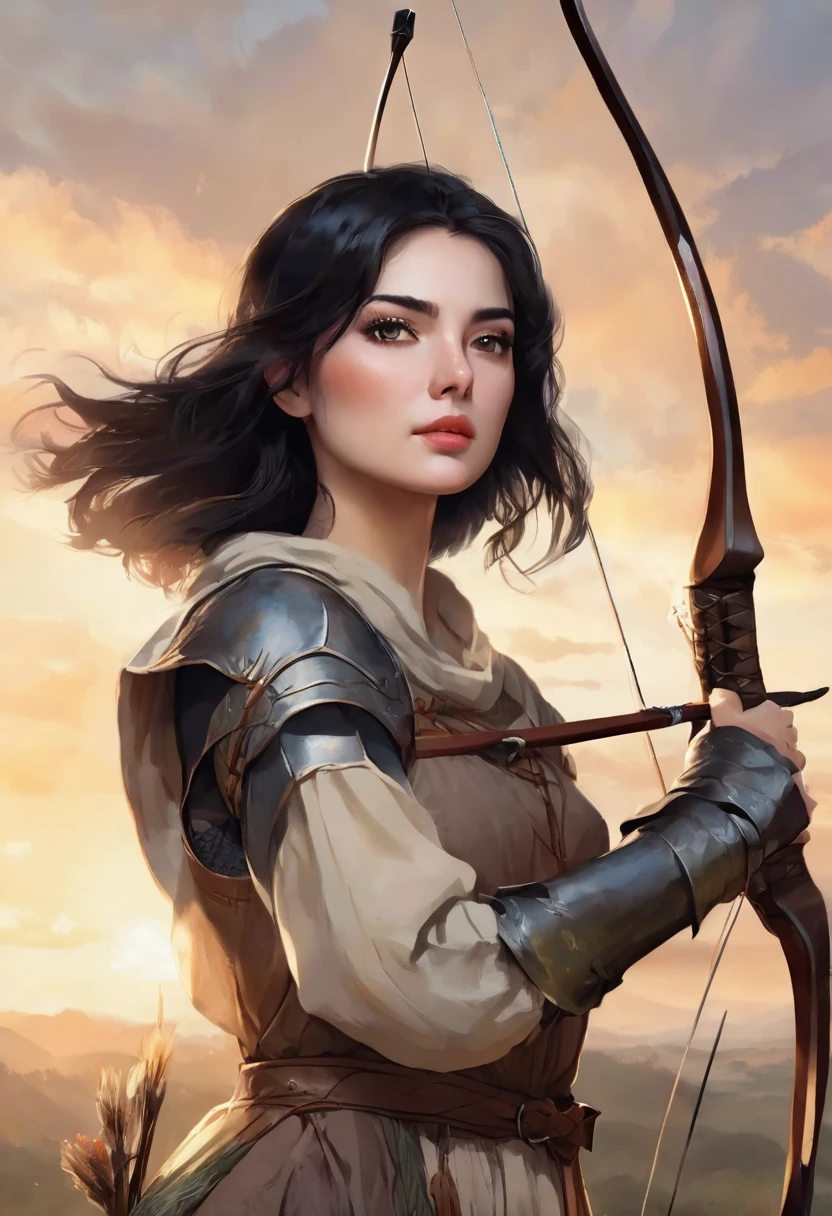 1 woman, with a landscape of the dawning sky in the background, wearing a simple medieval archer's outfit, detailed facial features, dark eyes with a feminine monolid shape, detailed beige skin, very straight short black hair, dramatic lighting, cinematic composition, warm palette, sunlight, warm color strokes, soft atmospheric haze, thin chin, soft face, beautiful woman (best quality, 4K, 8K, high resolution, art: 1.2), ultra detailed (realistic, photorealistic, photorealistic: 1.37)