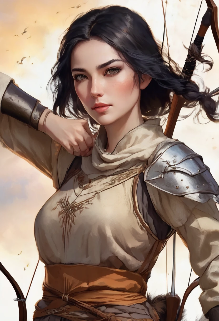 1 woman, with a landscape of the dawning sky in the background, wearing a simple medieval archer's outfit, detailed facial features, dark eyes with a feminine monolid shape, detailed beige skin, very straight short black hair, dramatic lighting, cinematic composition, warm palette, sunlight, warm color strokes, soft atmospheric haze, thin chin, soft face, beautiful woman (best quality, 4K, 8K, high resolution, art: 1.2), ultra detailed (realistic, photorealistic, photorealistic: 1.37)