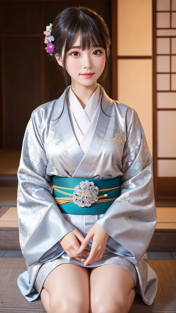 goddess　Silver　gorgeous　Sparkling　20-year-old women　Japanese　bangs　Symmetrical　kimono　Front facing