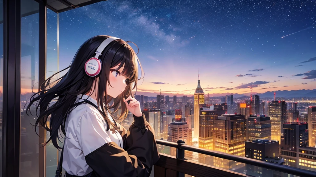 Places where you can see Osaka Castle。A young girl with black hair wearing stylish clothes and headphones labeled "lo-fi" The girl is shown in profile, gazing into the distance with a calm, relaxed expression Background depicts the iconic scenery of Namba, Osaka at night, without any text on signs A starry night sky adding to the peaceful atmosphere Overall mood is quiet and serene, perfect for lo-fi music Detailed hair rendering and careful attention to the girl's fashionable outfit The entire scene should evoke a relaxing, introspective feeling associated with lo-fi music