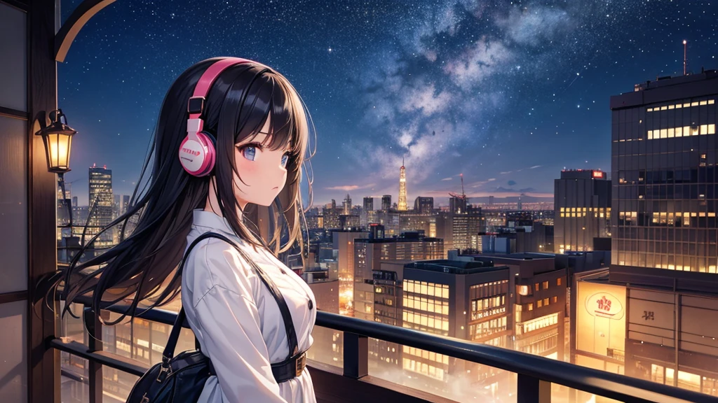 Places where you can see Osaka Castle。A young girl with black hair wearing stylish clothes and headphones labeled "lo-fi" The girl is shown in profile, gazing into the distance with a calm, relaxed expression Background depicts the iconic scenery of Namba, Osaka at night, without any text on signs A starry night sky adding to the peaceful atmosphere Overall mood is quiet and serene, perfect for lo-fi music Detailed hair rendering and careful attention to the girl's fashionable outfit The entire scene should evoke a relaxing, introspective feeling associated with lo-fi music