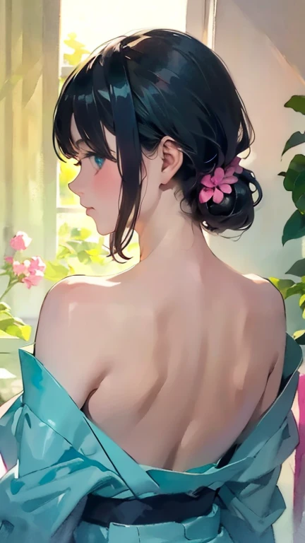 {(masterpiece,best quality, 8K UHD, extremely detailed CG, detailed beautiful face and eyes and skin and hair),(beautiful like picture:1.1)},{(watercolor image:1.2),sketch,bright colors overall,gentle color},{Simple configuration:1.1}, {light blue backgroundl:1.4},{erotic face,anguish,(painful:1.1),(very very ???????:1.2),(writhing:1.4),embarrassing}, {solo girl,yukata,(open clothes:1.2),(Show shoulders:1.4),profile},{Floral,Taisho romance}