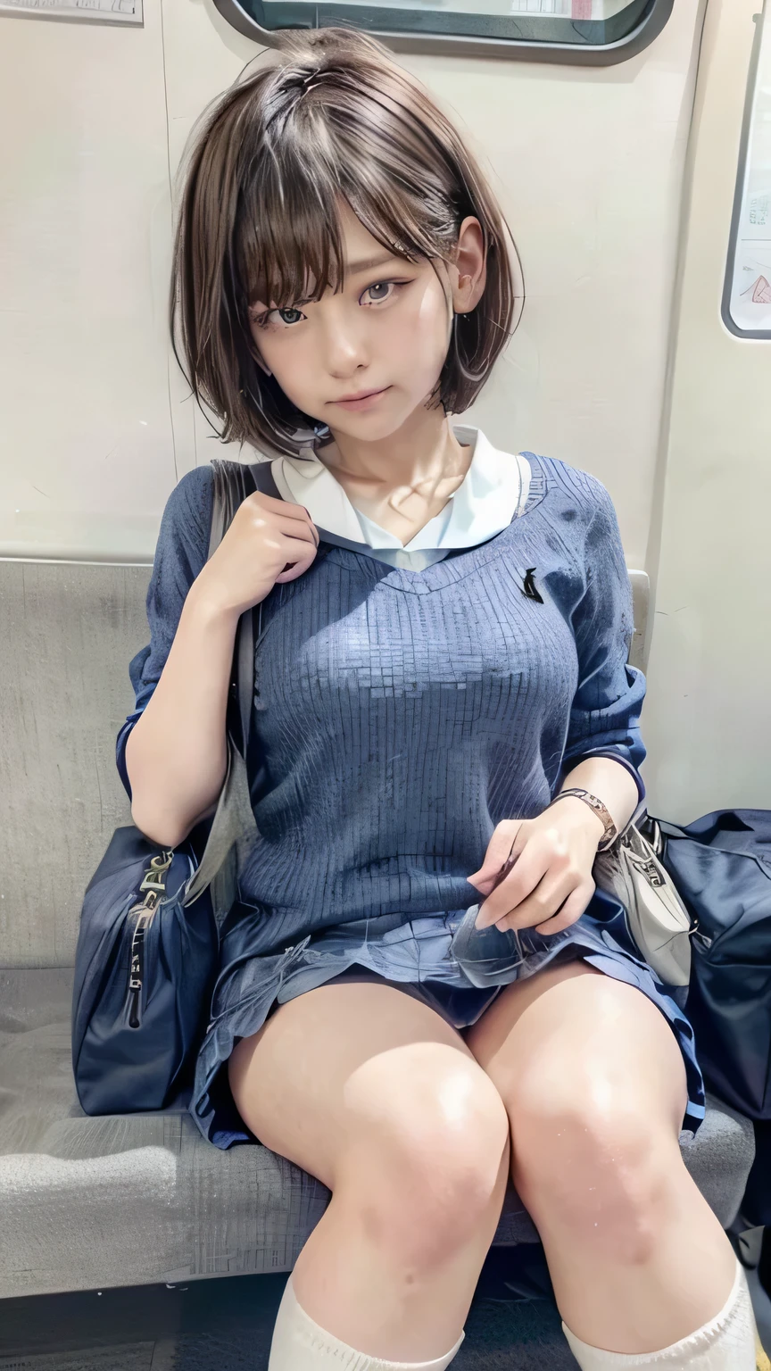 (High school girl sitting on a seat in a Japanese train:1.2、sit in a train seat、Face to face)、((school uniform、White blouse、(Navy blue checkered pleated skirt:1.2)、Navy blue socks、loafers、Detailed white panties、(Over the knee socks:1.4、Absolute area:1.4))、(Sports Bags、The straps of the bag pass between the chest、Paisura:1.5)、(Realistic、Like a photograph、Live Action、8k, Realistic, RAW Photos, Best image quality: 1.4), Single-lens reflex camera、RAW Photos, Highest quality, Realistic, Highly detailed CG Unity 8k wallpaper, Written boundary depth, Cinematic Light, Lens flare, Ray Tracing, Realistic background、((ultra high density skin))、 old girl after school,Cute Japanese Girl、(whole body:1.5)、Very detailedな顔,avert your eyes:1.1、(short hair:1.2、Short hair fluttering in the wind:1.4)、I like that style、stylish、Very detailed、Pay attention to the details、Perfect outfit、(Sunburned skin)、View from above、Accurate hands、Accurate legs、Detailed hands and fingers、Anatomically correct body、Thin legs、Thin thighs、Small breasts、Very detailedな顔